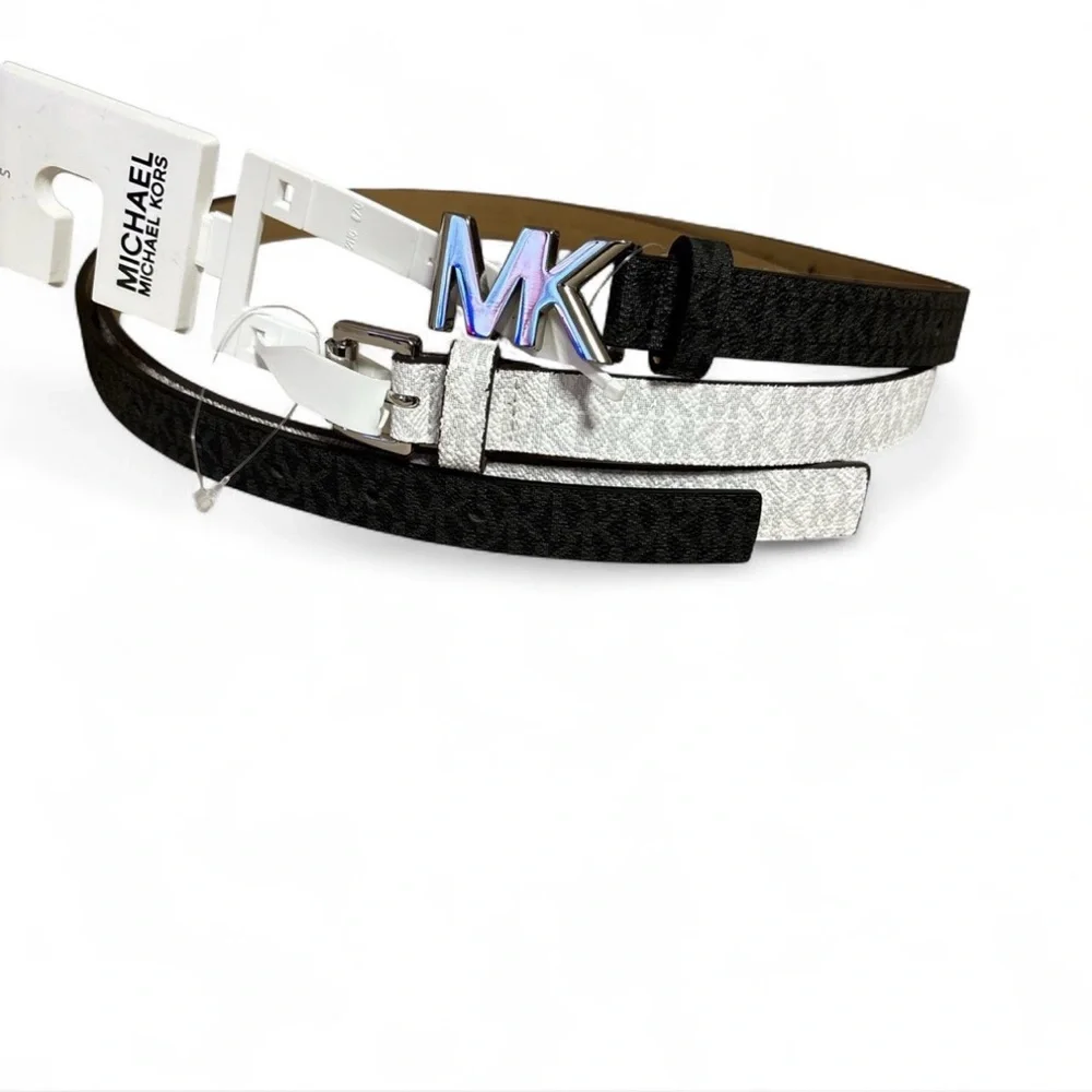 Michael Kors Women's Monogram Black & WhitSkinny Logo Belts 2Pack Size Small